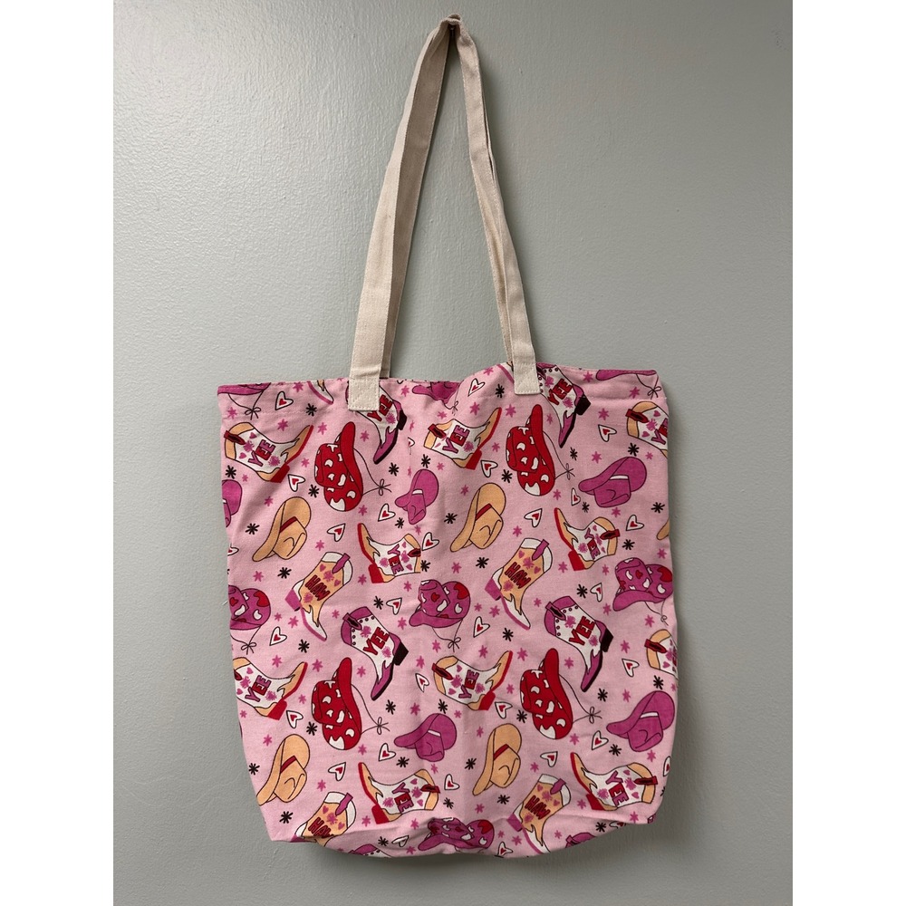 Pink Yee Haw Cowboy Boot Hat Canvas Tote Bag Western Reusable Grocery Bag NEW